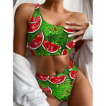 Tropical Leaf Watermelon Pattern Print One Shoulder Bikini Top