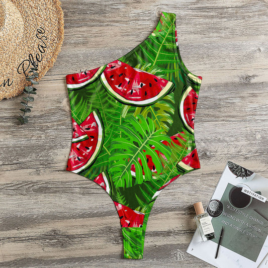 Tropical Leaf Watermelon Pattern Print One Shoulder Bodysuit