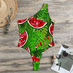 Tropical Leaf Watermelon Pattern Print One Shoulder Bodysuit