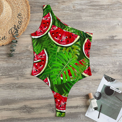 Tropical Leaf Watermelon Pattern Print One Shoulder Bodysuit