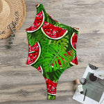 Tropical Leaf Watermelon Pattern Print One Shoulder Bodysuit