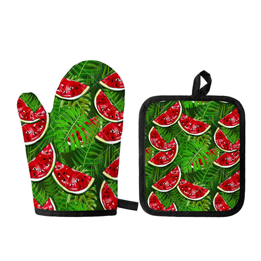 Tropical Leaf Watermelon Pattern Print Oven Mitt And Pot Holder Set