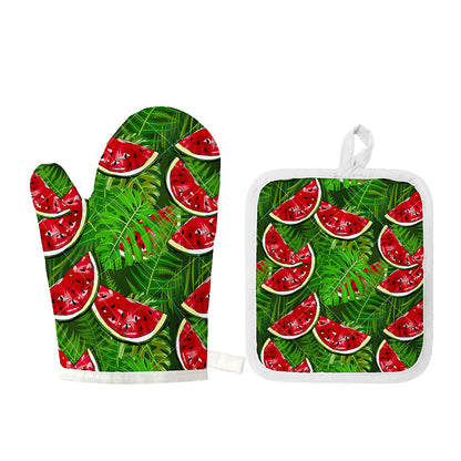 Tropical Leaf Watermelon Pattern Print Oven Mitt And Pot Holder Set