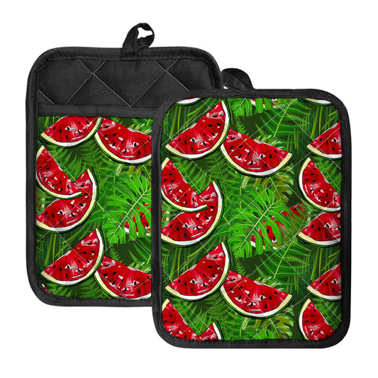 Tropical Leaf Watermelon Pattern Print Pot Holders With Pocket