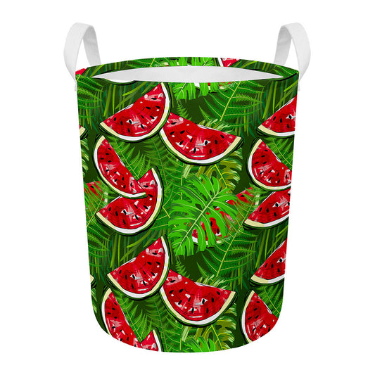 Tropical Leaf Watermelon Pattern Print Round Laundry Basket