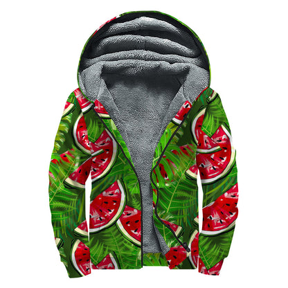 Tropical Leaf Watermelon Pattern Print Sherpa Lined Zip Up Hoodie