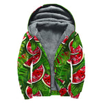 Tropical Leaf Watermelon Pattern Print Sherpa Lined Zip Up Hoodie