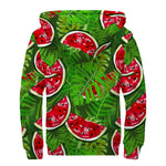 Tropical Leaf Watermelon Pattern Print Sherpa Lined Zip Up Hoodie