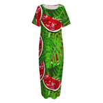 Tropical Leaf Watermelon Pattern Print Short Sleeve Long Nightdress