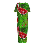 Tropical Leaf Watermelon Pattern Print Short Sleeve Long Nightdress