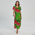 Tropical Leaf Watermelon Pattern Print Short Sleeve Maxi Dress