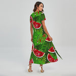 Tropical Leaf Watermelon Pattern Print Short Sleeve Maxi Dress