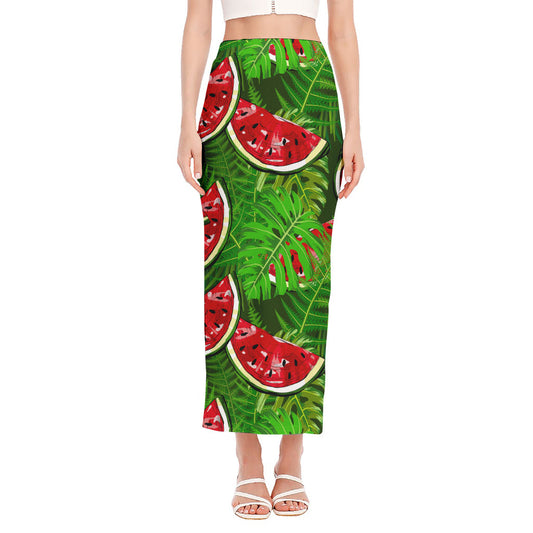Tropical Leaf Watermelon Pattern Print Side Slit Maxi Skirt