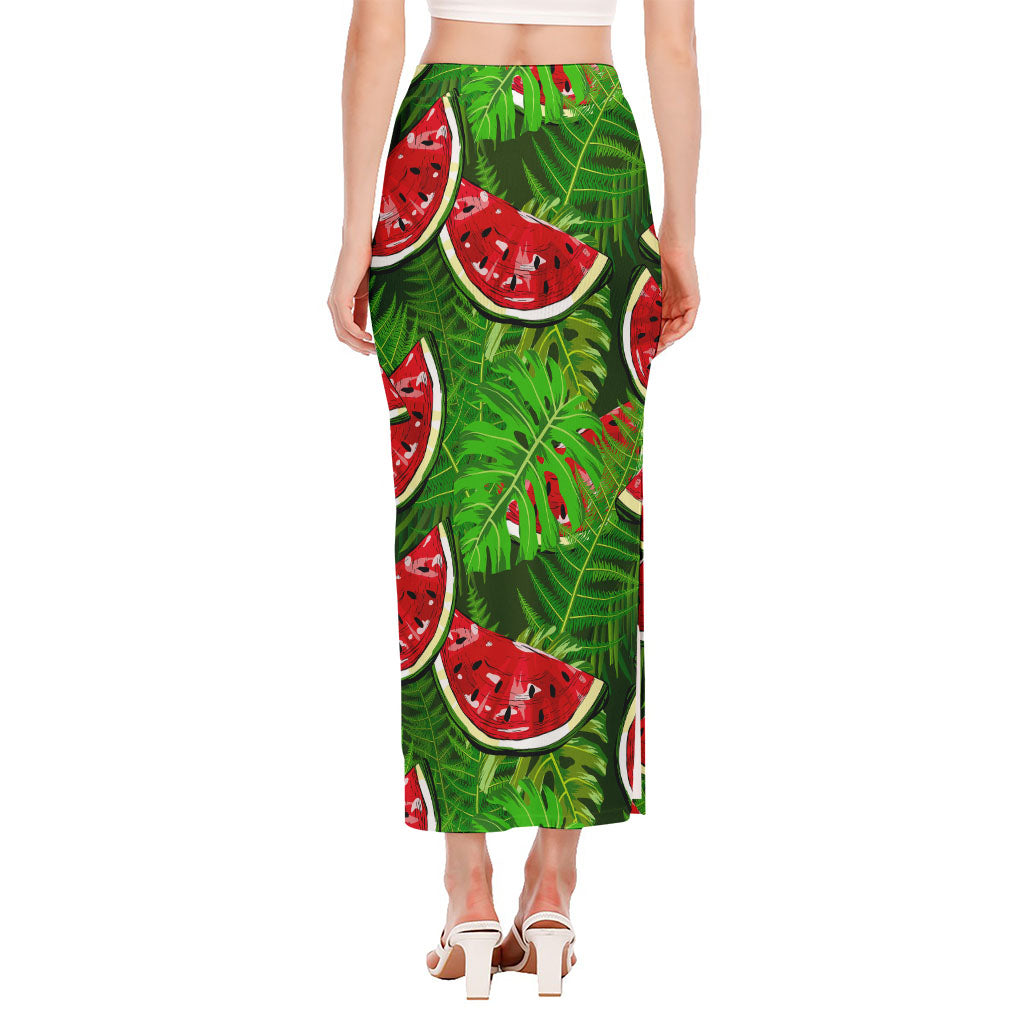 Tropical Leaf Watermelon Pattern Print Side Slit Maxi Skirt