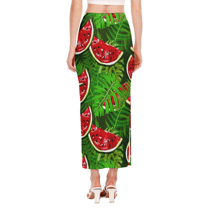 Tropical Leaf Watermelon Pattern Print Side Slit Maxi Skirt