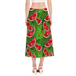 Tropical Leaf Watermelon Pattern Print Side Slit Midi Skirt