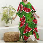 Tropical Leaf Watermelon Pattern Print Silk V-Neck Kaftan Dress