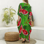 Tropical Leaf Watermelon Pattern Print Silk V-Neck Kaftan Dress