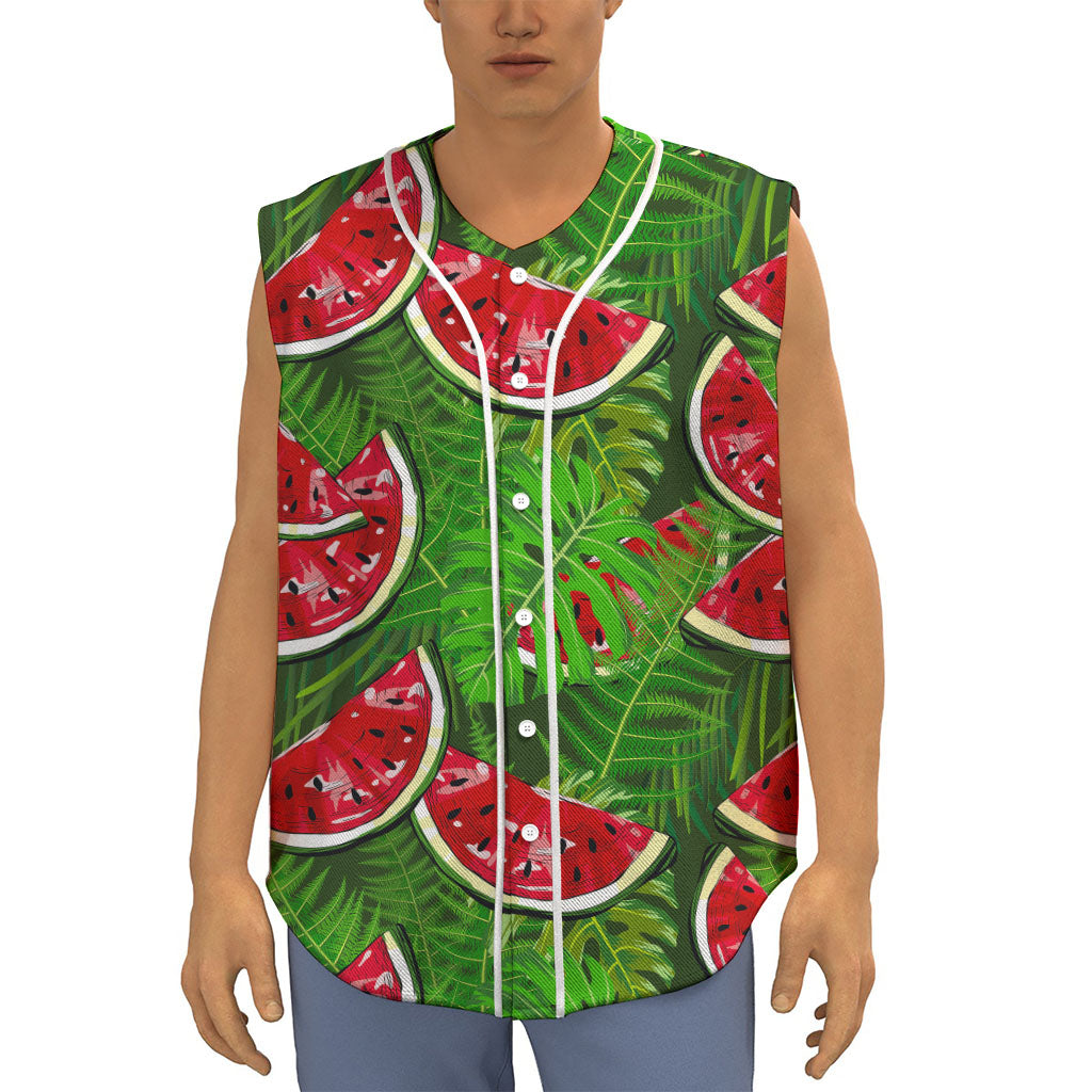 Tropical Leaf Watermelon Pattern Print Sleeveless Baseball Jersey