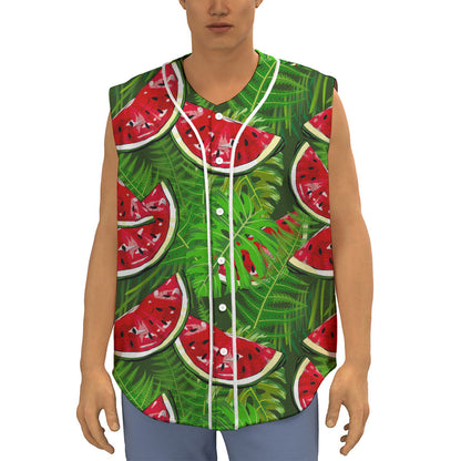 Tropical Leaf Watermelon Pattern Print Sleeveless Baseball Jersey