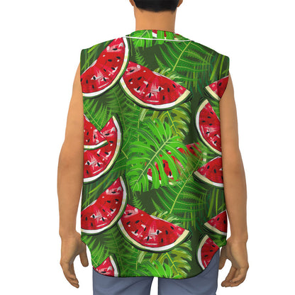 Tropical Leaf Watermelon Pattern Print Sleeveless Baseball Jersey