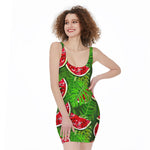 Tropical Leaf Watermelon Pattern Print Sleeveless Bodycon Dress