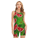 Tropical Leaf Watermelon Pattern Print Sleeveless One Piece Swimsuit