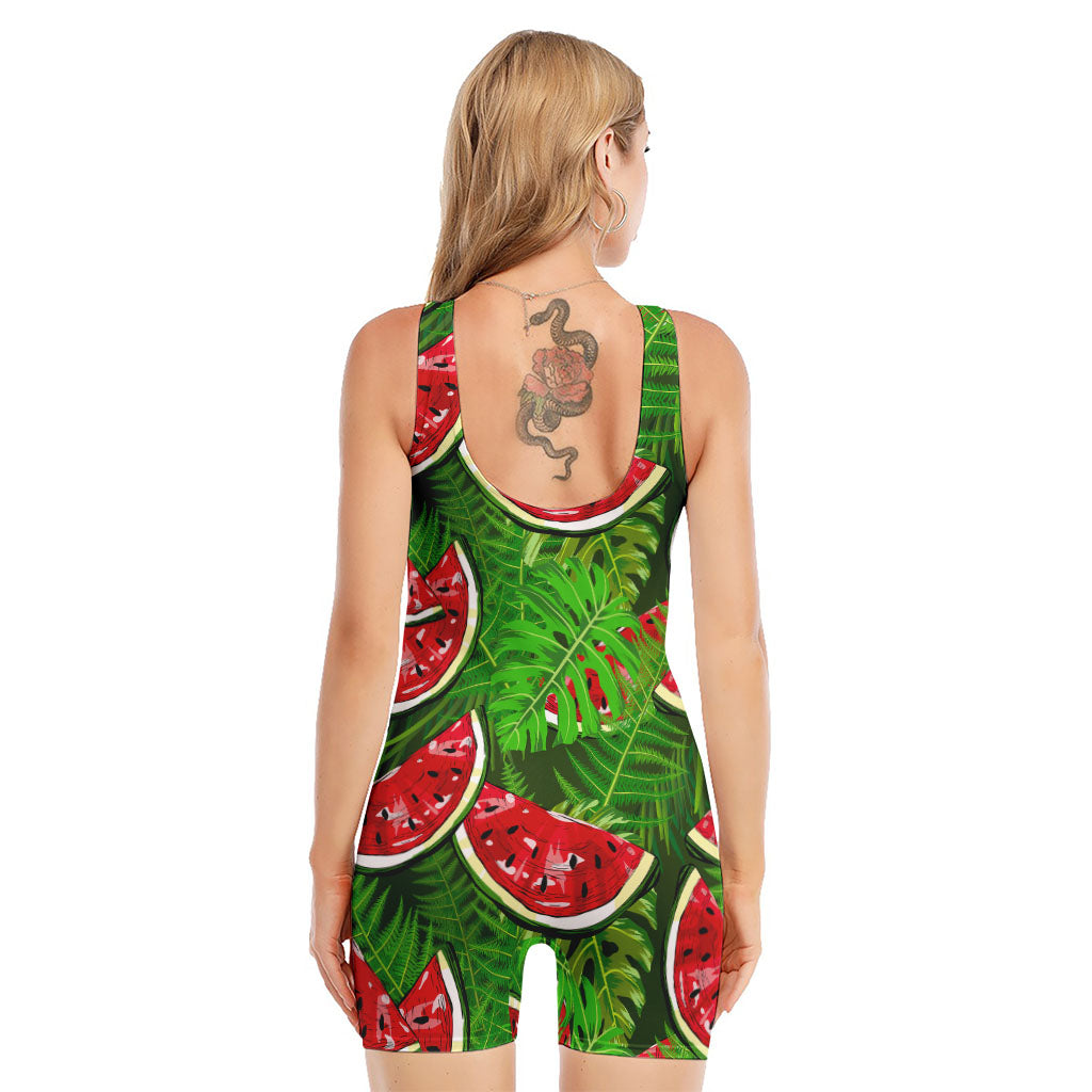 Tropical Leaf Watermelon Pattern Print Sleeveless One Piece Swimsuit