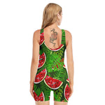 Tropical Leaf Watermelon Pattern Print Sleeveless One Piece Swimsuit