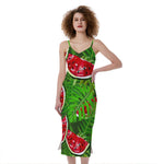 Tropical Leaf Watermelon Pattern Print Slim Fit Midi Cami Dress
