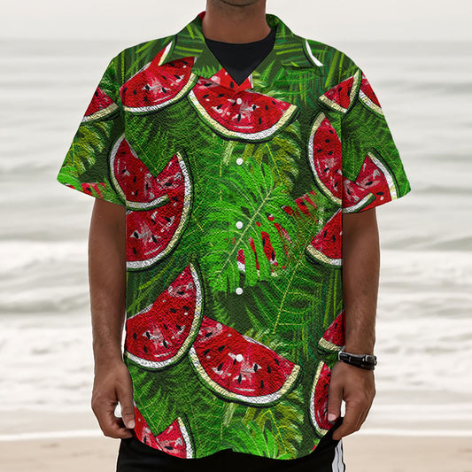 Tropical Leaf Watermelon Pattern Print Textured Short Sleeve Shirt
