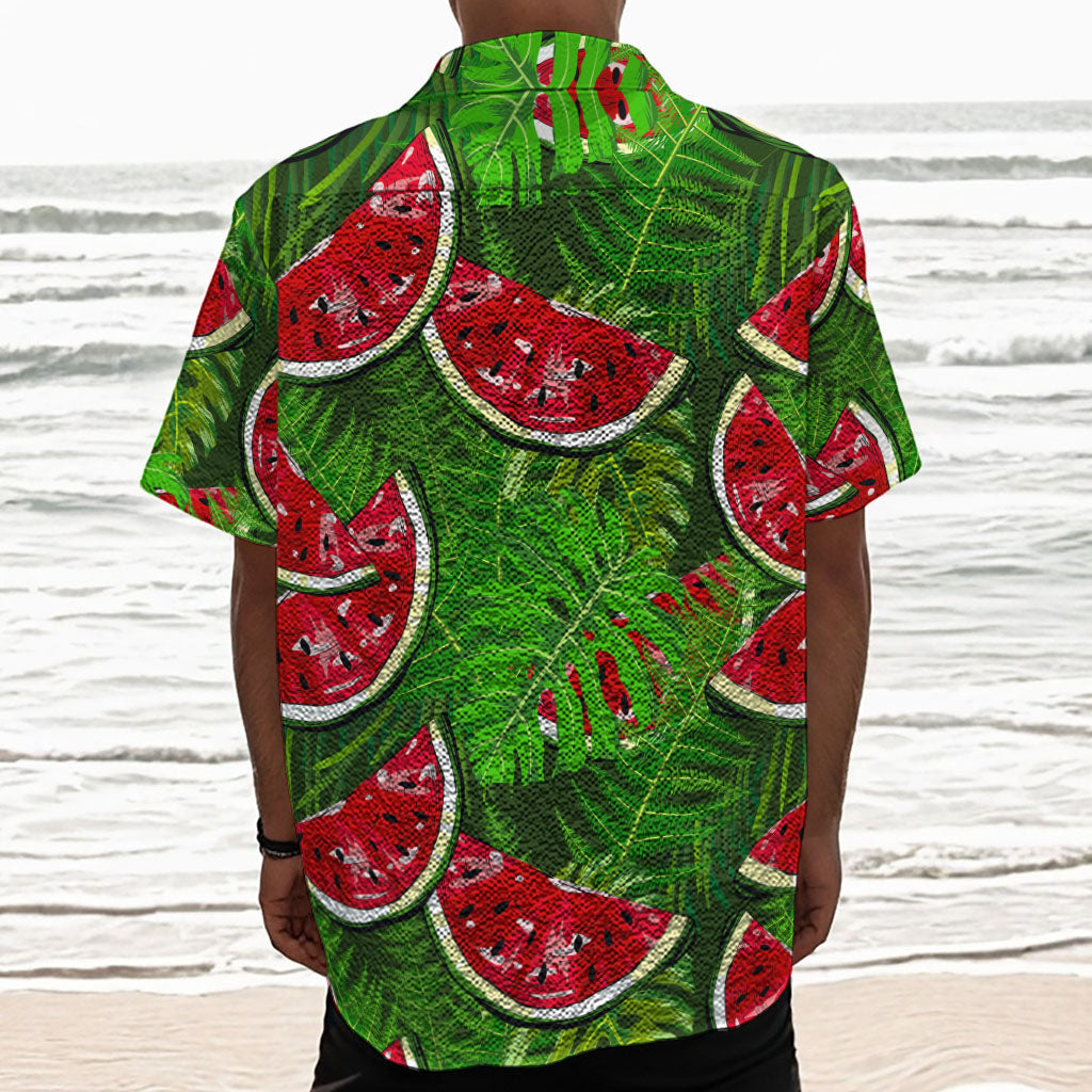 Tropical Leaf Watermelon Pattern Print Textured Short Sleeve Shirt