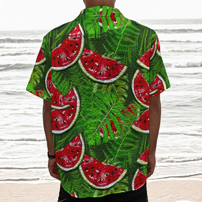 Tropical Leaf Watermelon Pattern Print Textured Short Sleeve Shirt