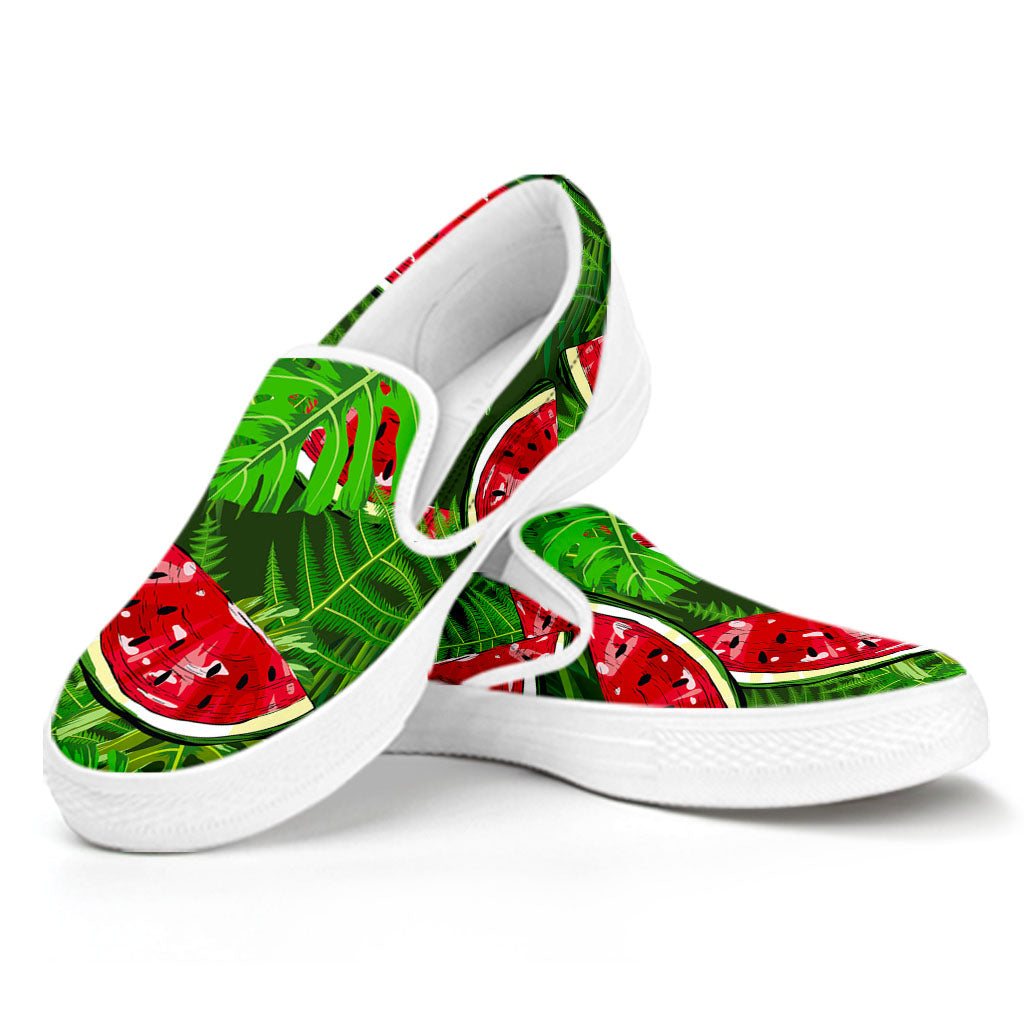 Tropical Leaf Watermelon Pattern Print White Slip On Sneakers