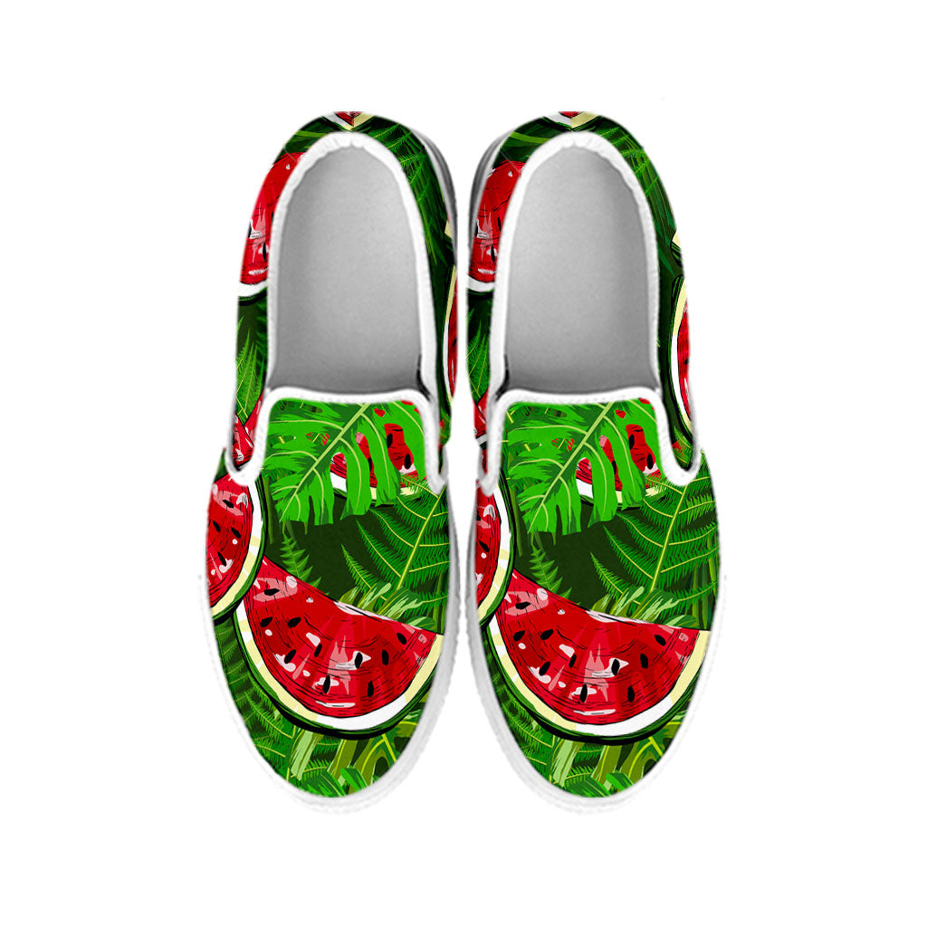 Tropical Leaf Watermelon Pattern Print White Slip On Sneakers