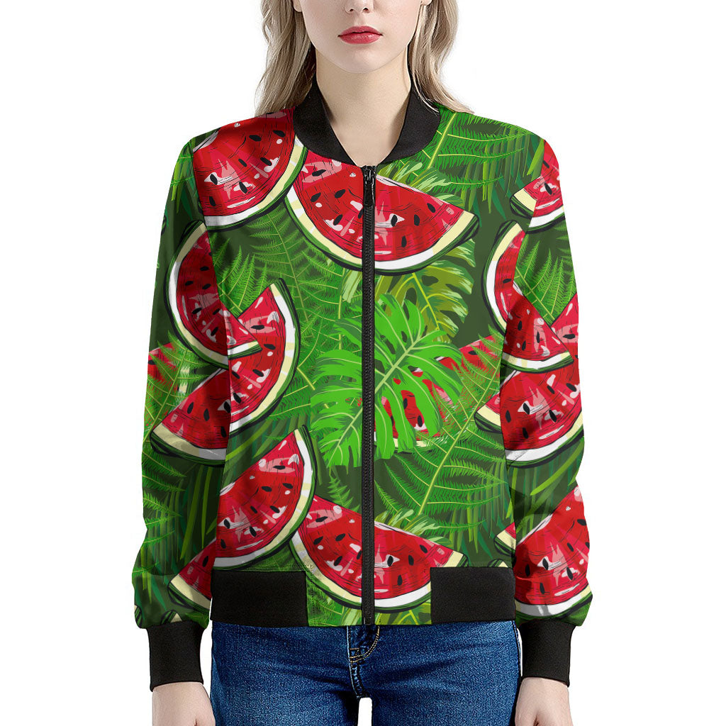 Tropical Leaf Watermelon Pattern Print Women's Bomber Jacket