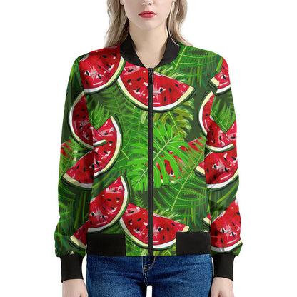 Tropical Leaf Watermelon Pattern Print Women's Bomber Jacket