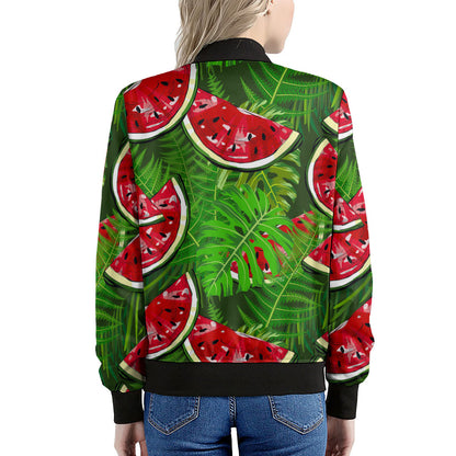 Tropical Leaf Watermelon Pattern Print Women's Bomber Jacket