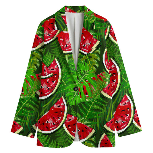 Tropical Leaf Watermelon Pattern Print Women's Cotton Blazer
