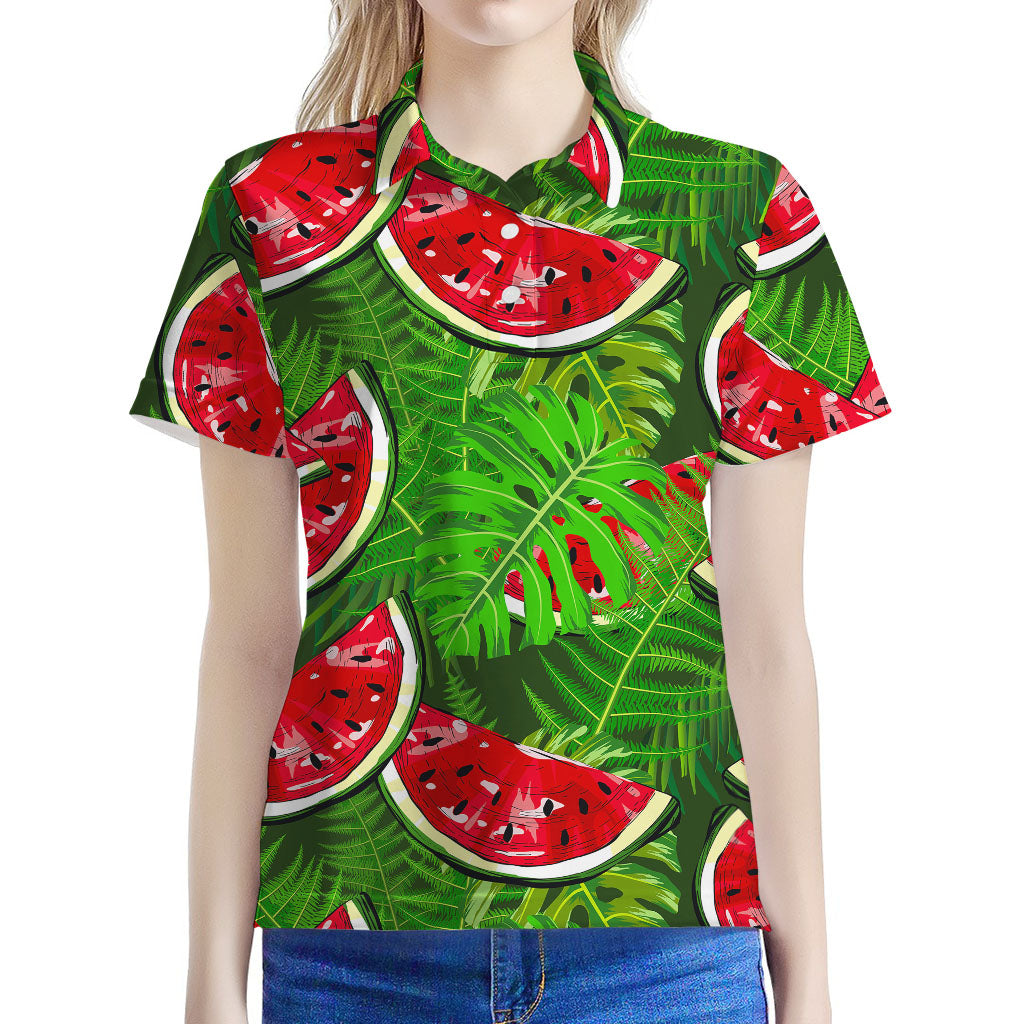 Tropical Leaf Watermelon Pattern Print Women's Polo Shirt