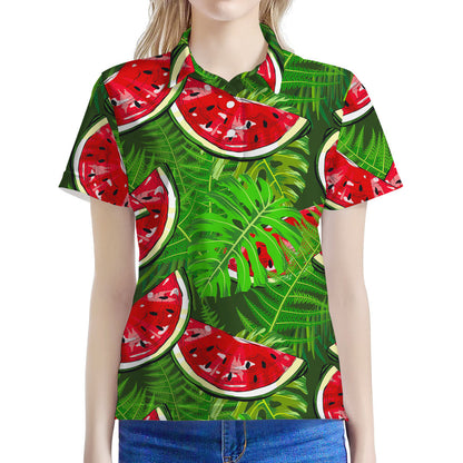 Tropical Leaf Watermelon Pattern Print Women's Polo Shirt