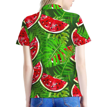Tropical Leaf Watermelon Pattern Print Women's Polo Shirt