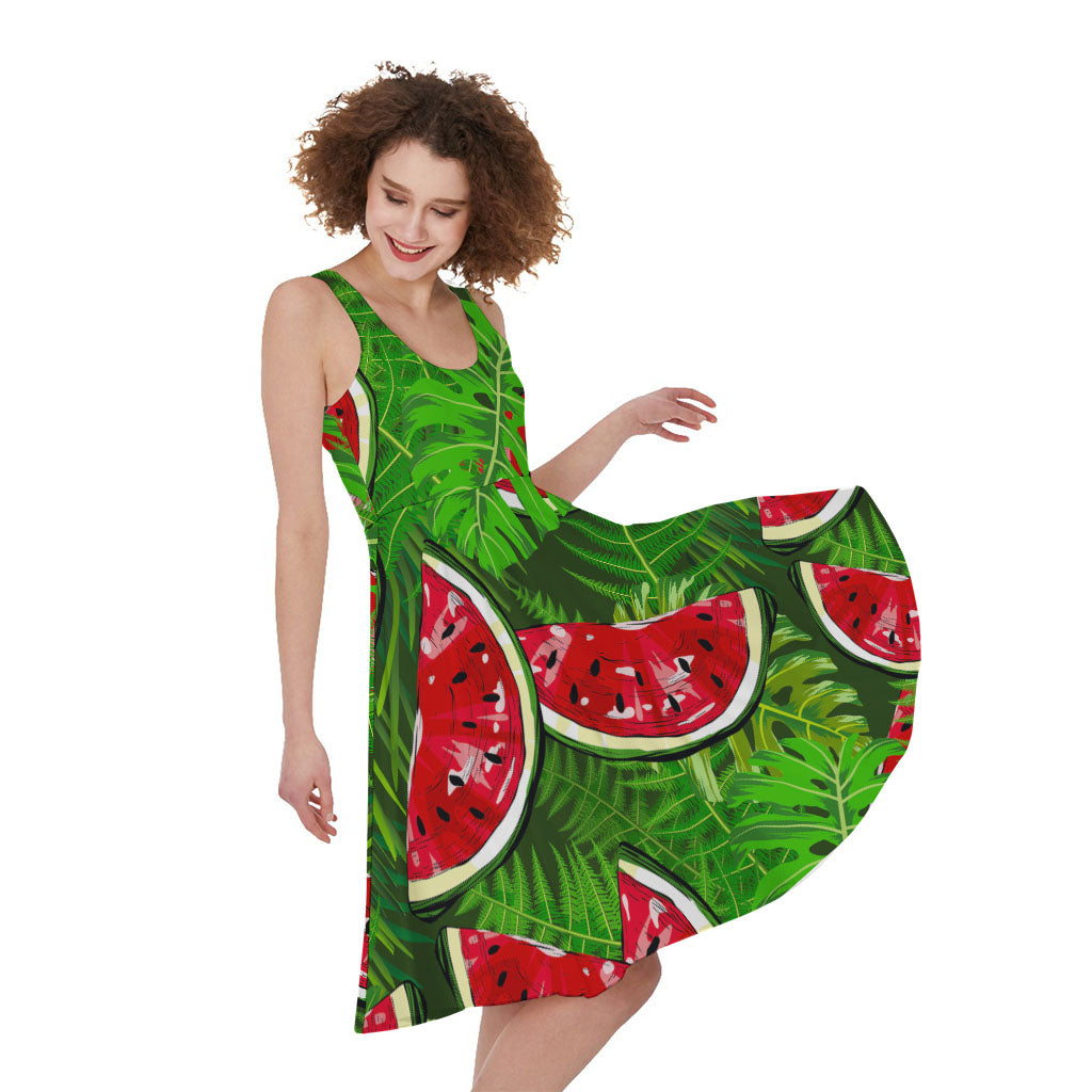 Tropical Leaf Watermelon Pattern Print Women's Sleeveless Dress