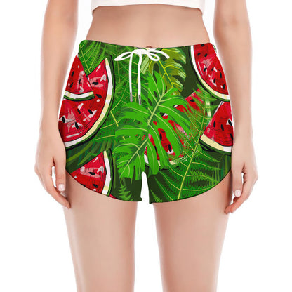 Tropical Leaf Watermelon Pattern Print Women's Split Running Shorts