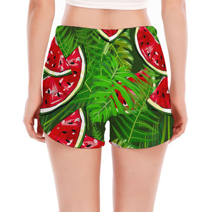 Tropical Leaf Watermelon Pattern Print Women's Split Running Shorts