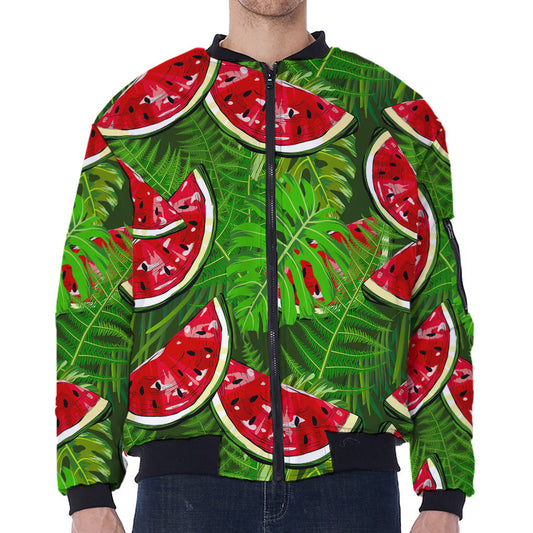 Tropical Leaf Watermelon Pattern Print Zip Sleeve Bomber Jacket