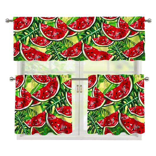 Tropical Leaves Watermelon Pattern Print 3 Piece Kitchen Curtains