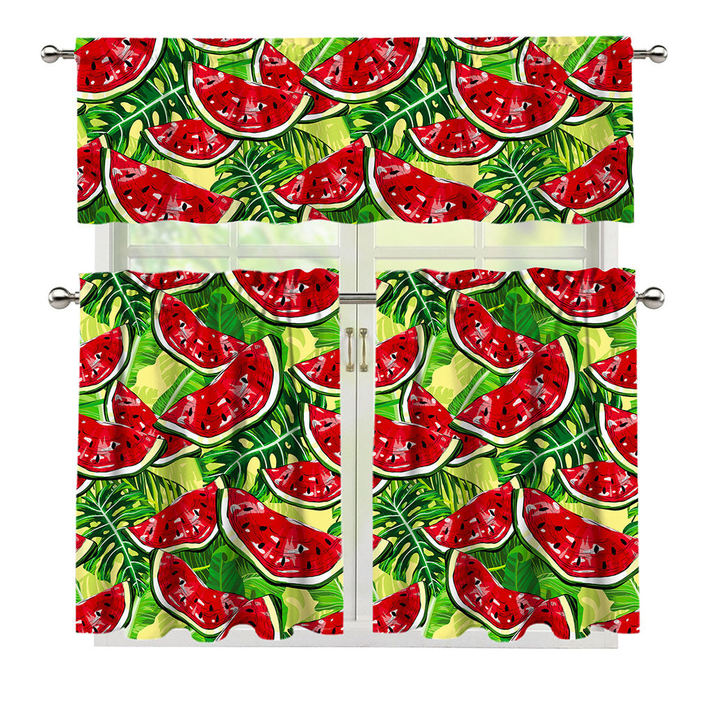 Tropical Leaves Watermelon Pattern Print 3 Piece Kitchen Curtains