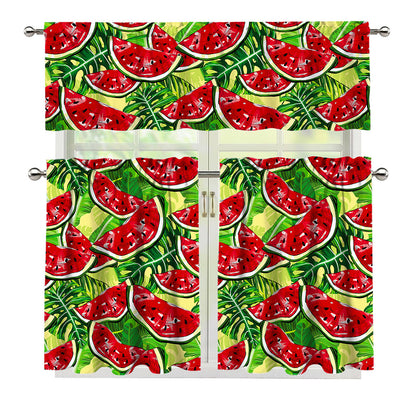 Tropical Leaves Watermelon Pattern Print 3 Piece Kitchen Curtains
