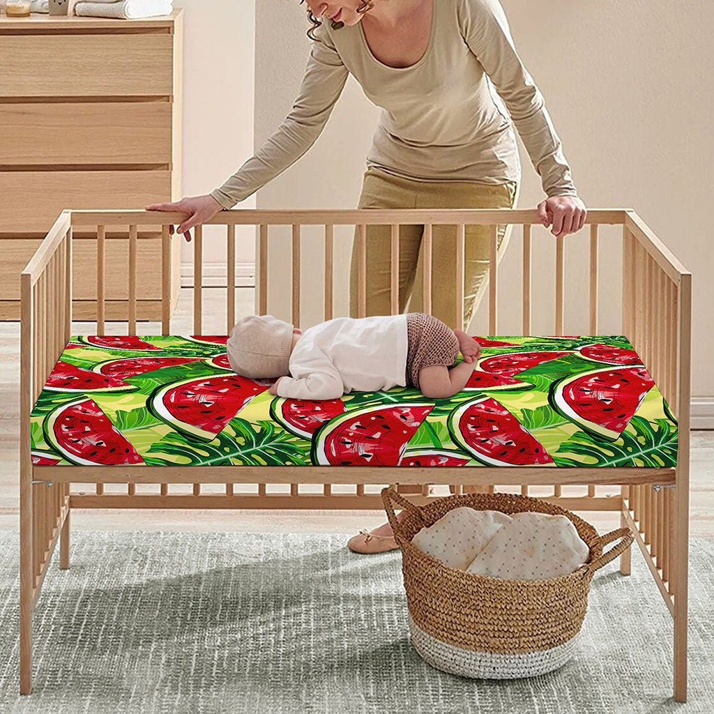 Tropical Leaves Watermelon Pattern Print Baby Crib Sheet